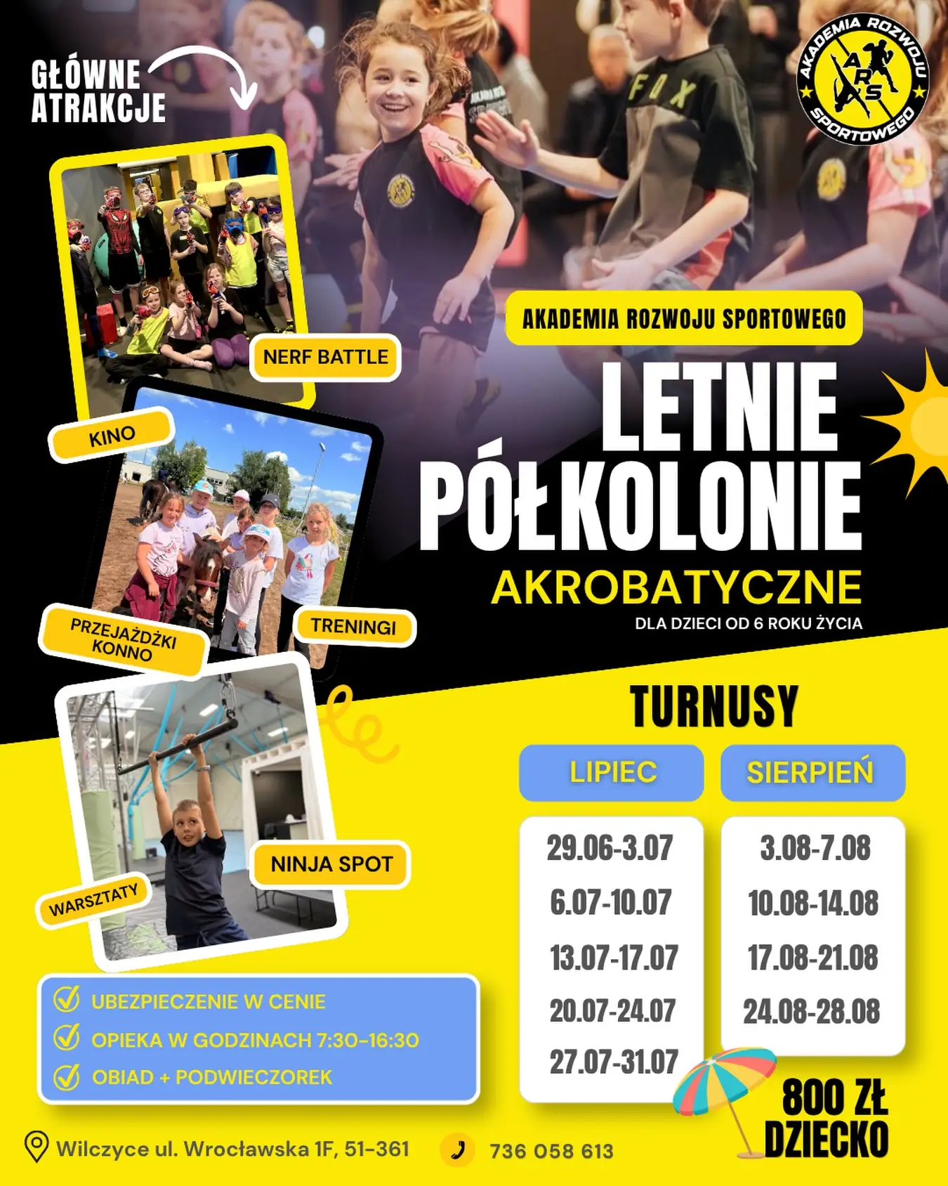 Plakat: Letnie półkolonie akrobatyczne 2026, Wilczyce ul. Wrocławska 1F