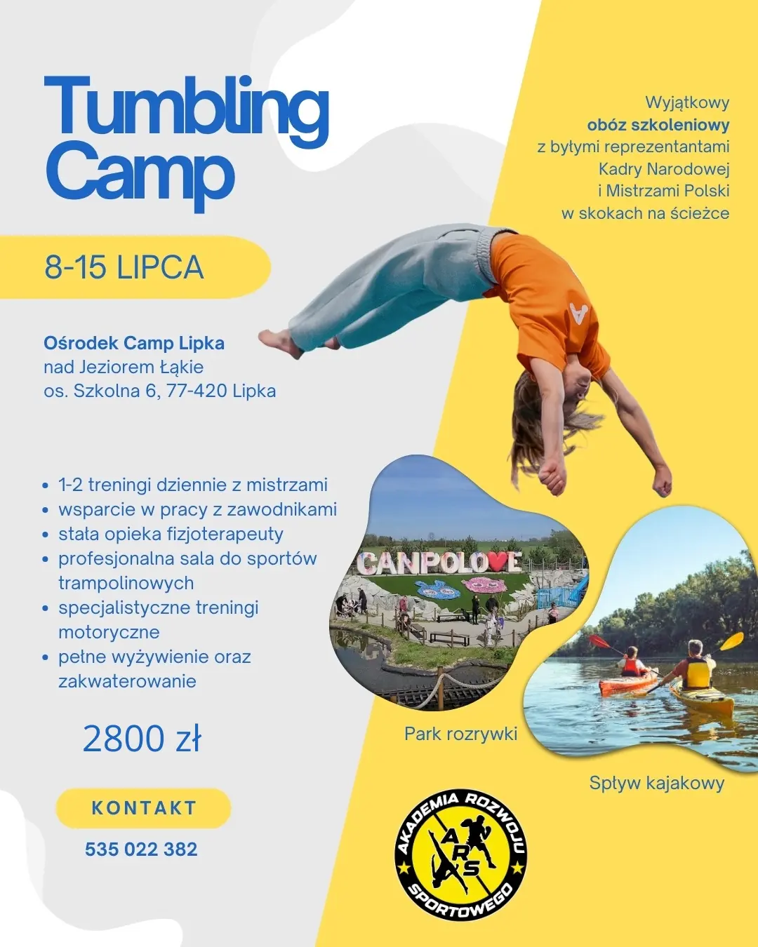 Plakat: Tumbling Camp 8-15 lipca 2026, Ośrodek Camp Lipka